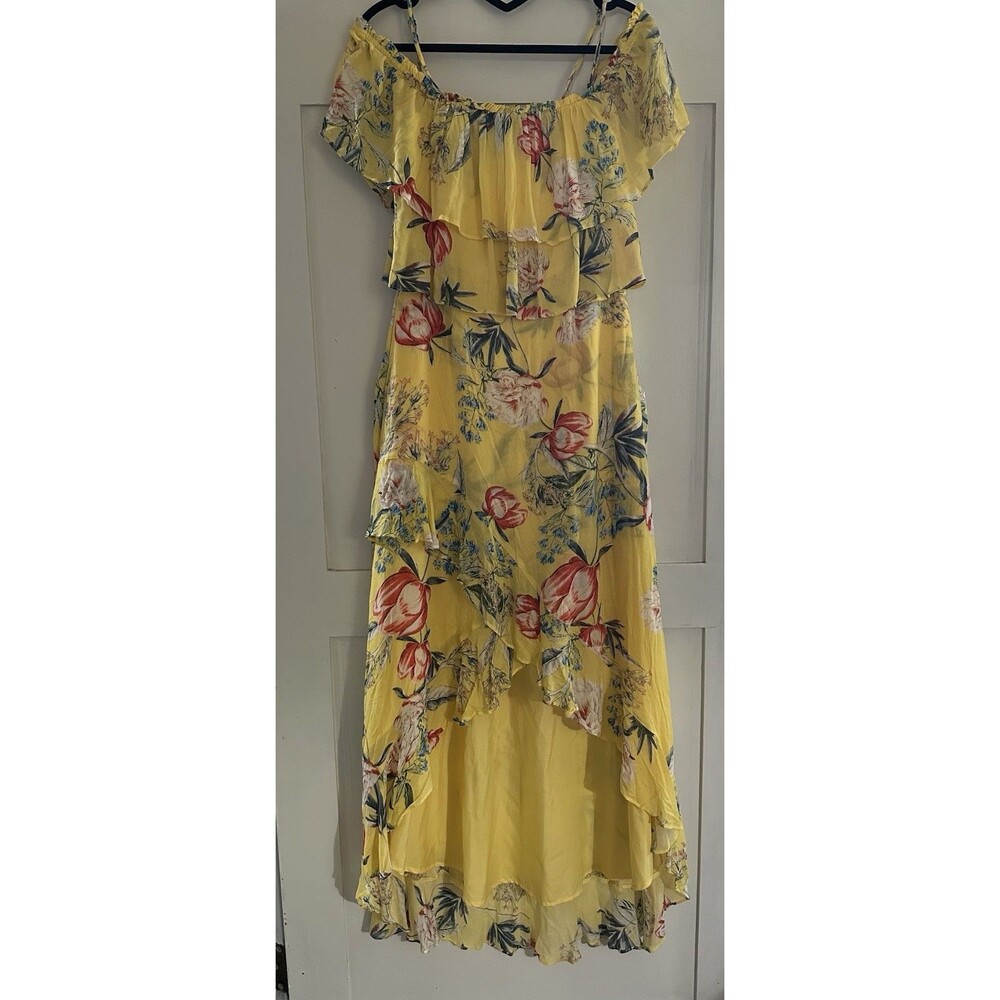 🖤Women's BB Dakota Dress Yellow Floral Off Shoulder Ruffle Flowy High Low Size 0